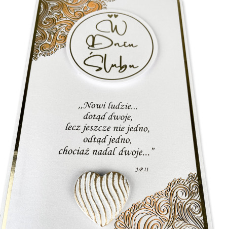 Ręcznie robiona kartka z życzeniami na Ślub- super pamiątka dla Młodej Pary- złoty glamour.