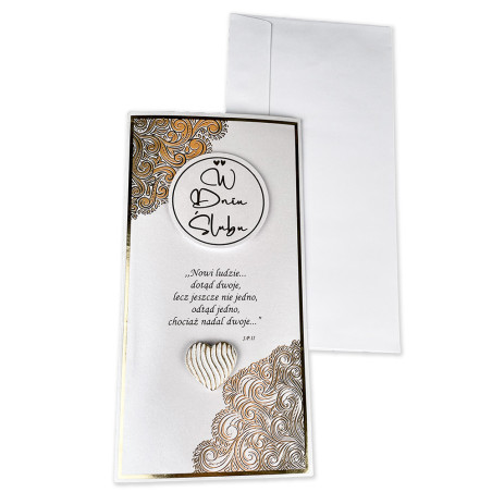 Ręcznie robiona kartka z życzeniami na Ślub- super pamiątka dla Młodej Pary- złoty glamour.