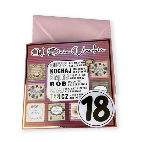 Ręcznie robiona kartka z życzeniami na 18 urodziny dla Niej- super pamiątka- różowa.