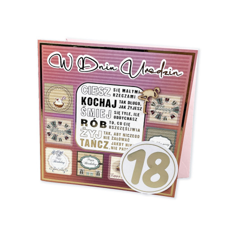 Ręcznie robiona kartka z życzeniami na 18 urodziny dla Niej- super pamiątka- różowa.