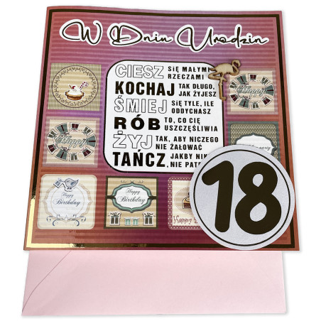 Ręcznie robiona kartka z życzeniami na 18 urodziny dla Niej- super pamiątka- różowa.