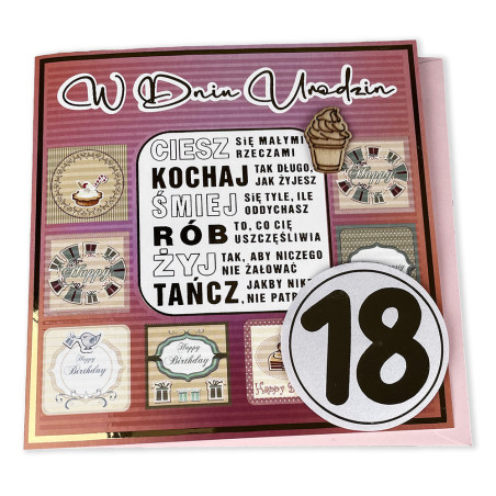 Ręcznie robiona kartka z życzeniami na 18 urodziny dla Niej- super pamiątka- różowa.