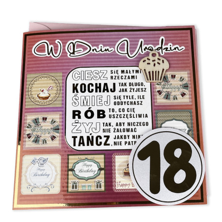 Ręcznie robiona kartka z życzeniami na 18 urodziny dla Niej- super pamiątka- różowa.