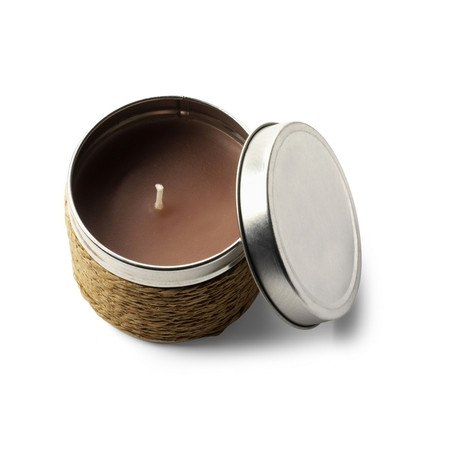 Mała świeczka zapachowa w metalowym słoiczku - zapach cynamonu.