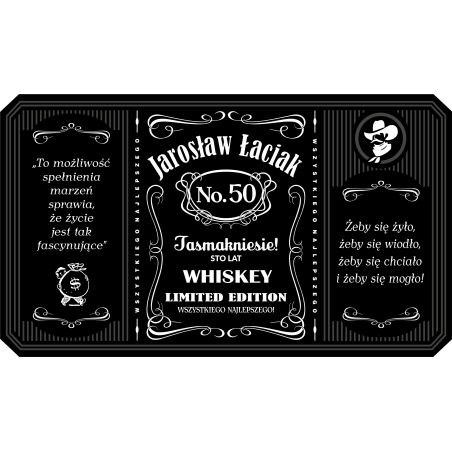 Zestaw skrzynka na whisky z dwoma szklankami z grawerem i etykieta na butelkę w stylu Jack Daniel's.