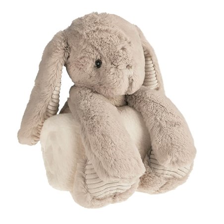 Królik trzymający koc między łapkami z imieniem dziecka- prezent na narodziny.