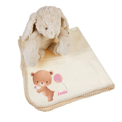 Królik trzymający koc między łapkami z imieniem dziecka-...