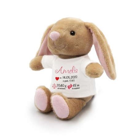 Królik brązowy dla dziecka z okazji narodzin- metryczka - różowa lub niebieska- 18cm.