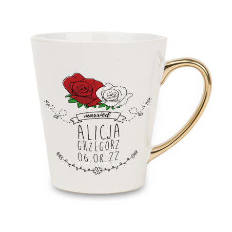 Biały kubek latte ze złotym uchwytem dla Młodej Pary- wzór z Różami.