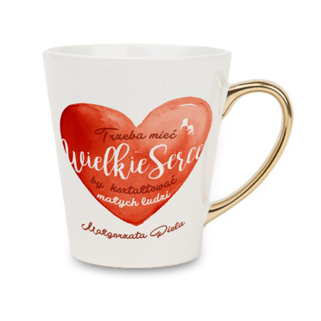 Biały kubek latte ze złotym uchwytem - Wielkie serce.