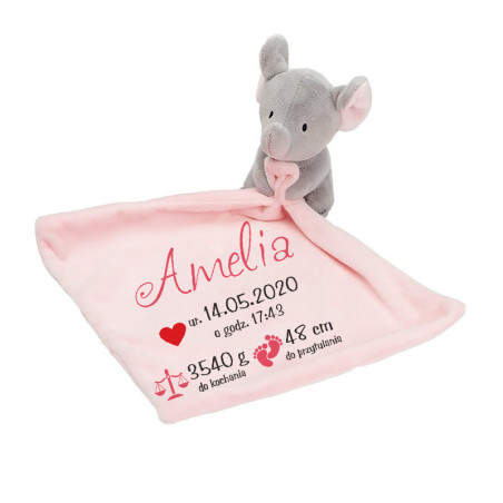 Słonik trzymający kocyk w łapkach dla dziecka- z okazji narodzin- metryczka.
