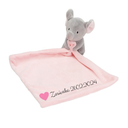 Słonik trzymający kocyk w łapkach dla dziecka- z okazji narodzin- podaj imię oraz datę urodzenia.