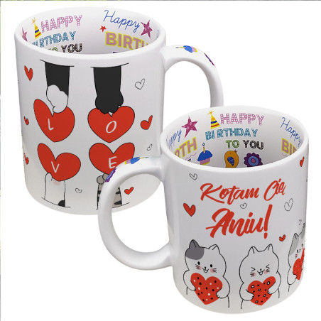 Kubek 330 ml z wnętrzem "Happy Birthday" z grafiką "Kotam Cię"- super prezent urodzinowy.