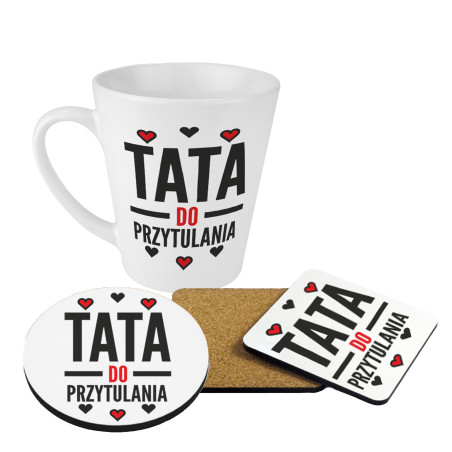 Zestaw - kubek latte z podkładką na kubek - "Tata do przytulania" - świetny prezent na dzień ojca.