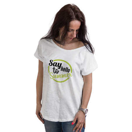 "Say to hello summer" - tshirt damski z napisem, long - przedłużany tył.