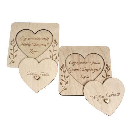 Zestaw Próśb o zostanie Rodzicami Chrzestnymi- ze sklejki, grawerowane, otwierane- dla Chrzestnej i Chrzestnego.