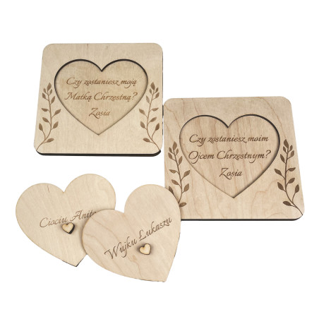 Zestaw Próśb o zostanie Rodzicami Chrzestnymi- ze sklejki, grawerowane, otwierane- dla Chrzestnej i Chrzestnego.