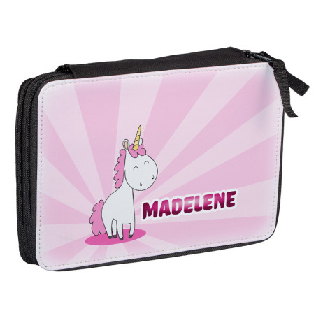 Duży piórnik dwukomorowy dla pierwszoklasisty - Jednorożec różowy - wzór 3 - zmień imię.