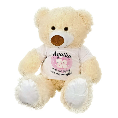 Maskotka miś duży z grafiką "Weź nie pytaj, weź się przytul" - zmień imię.