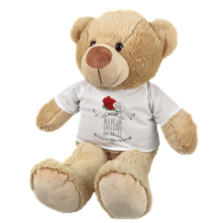 Maskotka miś duży "Roże" z imionami oraz datą ślubu - ok. 55-60cm.