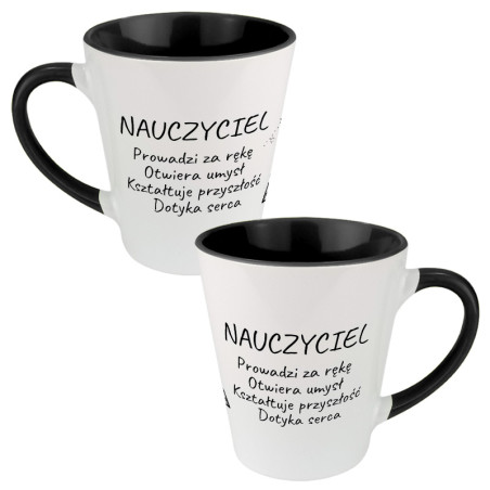 Kubek latte dla nauczyciela z napisem " Nauczyciel- prowadzi za rękę, otwiera umysł, kształtuje przyszłość, dotyka serca".