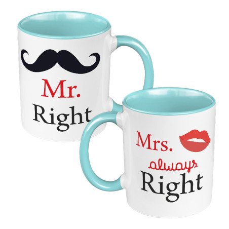Zestaw Kubków 330 ml białe dla pary "Mr. Right & Mrs. always Right".