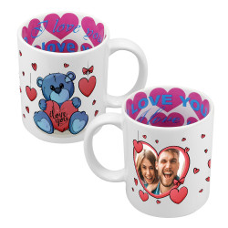 Kubek 330 ml z wnętrzem w serca z grafiką uroczego misia i zdjęciem - idealny na Walentynki. 2