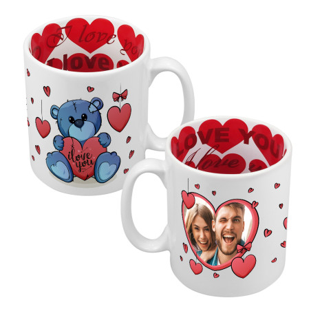 Kubek 330 ml z wnętrzem w serca z grafiką uroczego misia i zdjęciem - idealny na Walentynki.