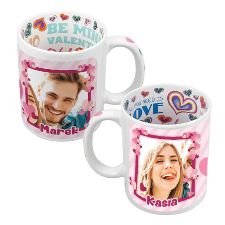 Kubek 330 ml z wnętrzem w serca z grafiką dla zakochanych na Walentynki lub na ślub.