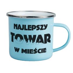 Kubek metalowy, emaliowany - "Najlepszy Towar w mieście".