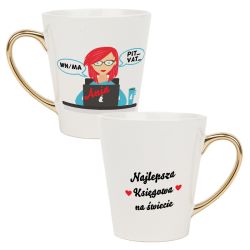 Biały kubek latte ze złotym uchwytem - Najlepsza Księga...