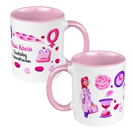 Kubek 330 ml kolorowy dla Pani Ginekolog - "Pani Ginekolog z powołaniem" + imię.