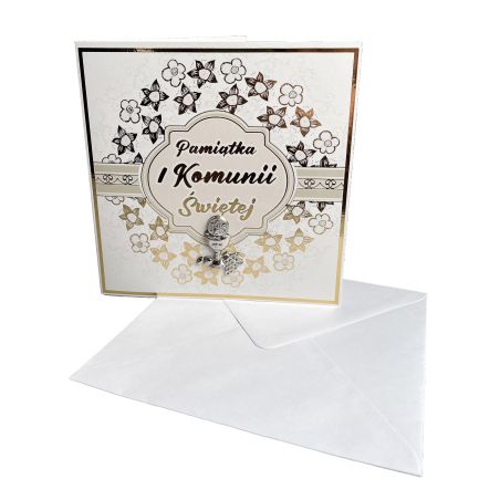 Ręcznie robiona kartka z życzeniami na Komunię- super pamiątka dla dziecka oraz Rodziców- srebrny Kielich Eucharystyczny.