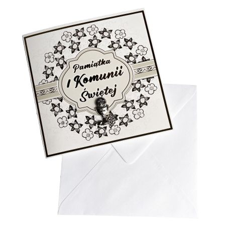 Ręcznie robiona kartka z życzeniami na Komunię- super pamiątka dla dziecka oraz Rodziców- srebrny Kielich Eucharystyczny.