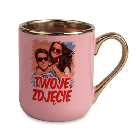Kubek kawowy duży 330ml ze złotym uszkiem- różowy- z Twoim zdjęciem, grafiką lub tekstem.