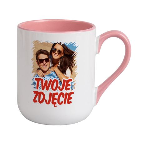 Kubek kawowy duży 330ml z kolorowym uszkiem i środkiem- różowy- z Twoim zdjęciem, grafiką lub tekstem.