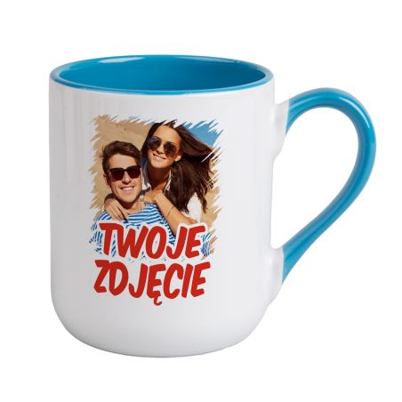Kubek kawowy duży 330ml z kolorowym uszkiem i środkiem- niebieski- z Twoim zdjęciem, grafiką lub tekstem.