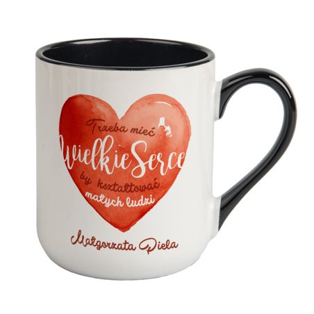 Kubek kawowy duży 330ml z kolorowym uszkiem i wnętrzem- Wielkie Serce Nauczyciela- personalizacja.