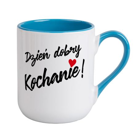Kubek kawowy duży 330ml z kolorowym uszkiem i wnętrzem- Dzień dobry Kochanie.