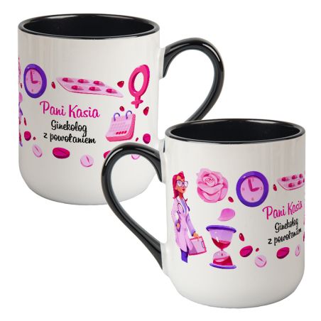 Kubek kawowy duży 330ml z kolorowym uszkiem i wnętrzem- prezent dla Pani Ginekolog- personalizacja.