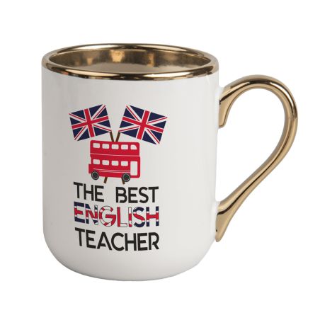 Kubek kawowy duży 330ml ze złotym uszkiem- The best English Teacher- Autobus.