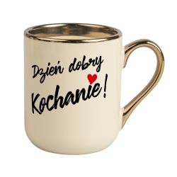 Kubek kawowy duży 330ml ze złotym uszkiem- Dzień dobry...