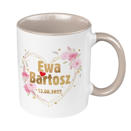 Kubek 330 ml kolorowy dla nowożeńców z imionami oraz datą ślubu- glamour.