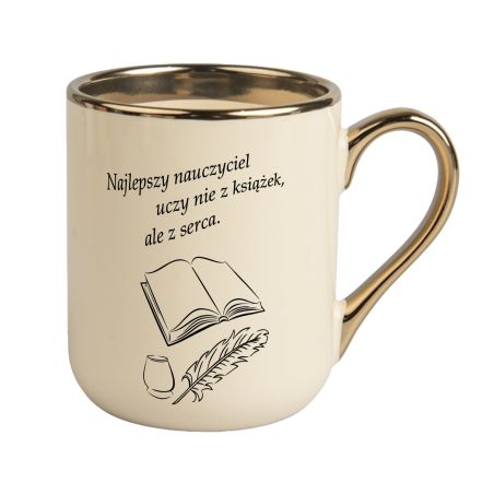 Kubek kawowy duży 330ml ze złotym uszkiem- "Najlepszy nauczyciel..."- książka.