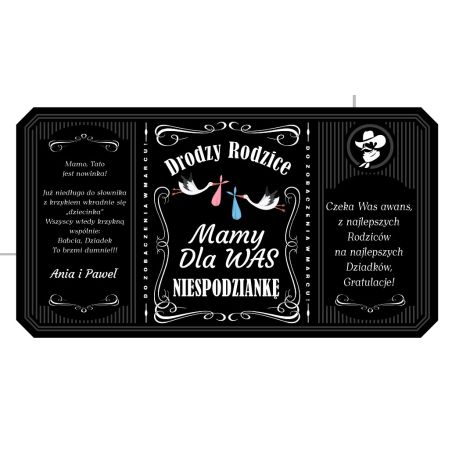 Personalizowana etykieta na alkohol w stylu Jack Daniel's z informacją o ciąży- prezent niespodzianka dla Rodziców.