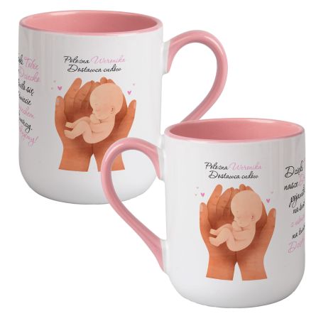Kubek kawowy duży 330ml z kolorowym uszkiem i wnętrzem- prezent dla Położnej- "Dostawca Cudów".