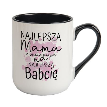 Kubek kawowy duży 330ml z kolorowym uszkiem i wnętrzem- "Najlepsza Mama awansuje na Najlepszą Babcię".