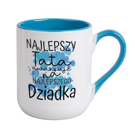 Kubek kawowy duży 330ml z kolorowym uszkiem i wnętrzem- "Najlepszy Tata awansuje na Najlepszego Dziadka".