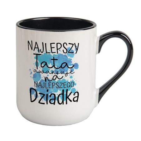 Kubek kawowy duży 330ml z kolorowym uszkiem i wnętrzem- "Najlepszy Tata awansuje na Najlepszego Dziadka".