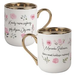 Kubek kawowy duży 330ml ze złotym uszkiem- "Rośliniara,...